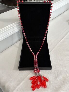 Vintage Red Beaded Tassel Necklace - Women Jewelry